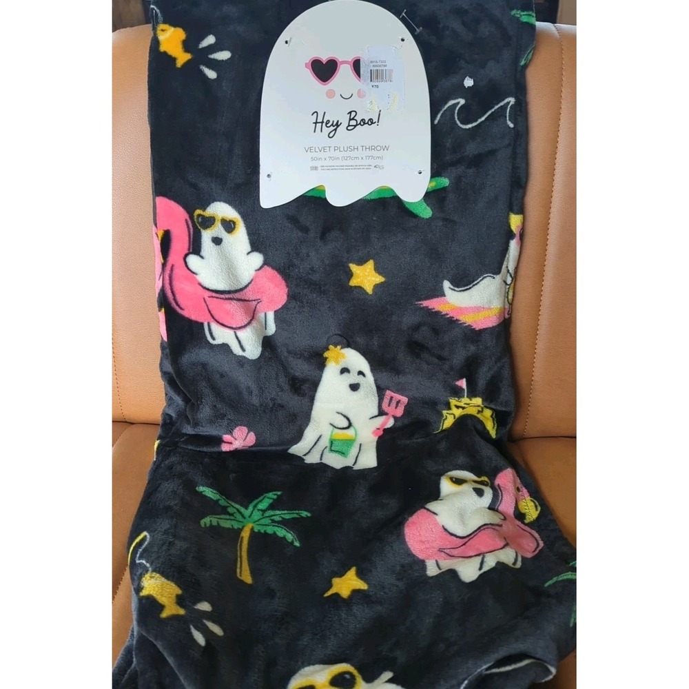 Hey Boo Black Velvet Plush Throw Blanket‎ SUMMERWEEN Beach Surfing Ghosts 50x70
